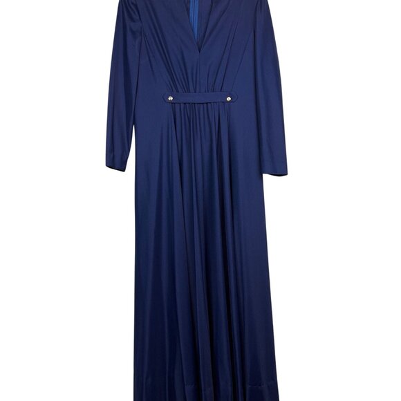 Vintage Navy Blue Evening Dress Rhinestone Buttons Long-Sleeves V-Neck Gathered - Picture 2 of 7